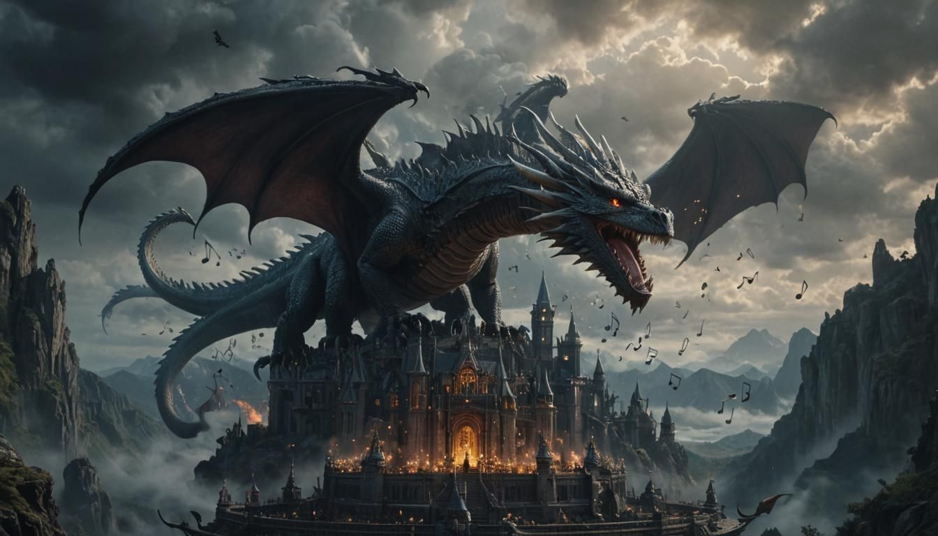 Epic Dragon Breathes Musical Notes in Digital Painting