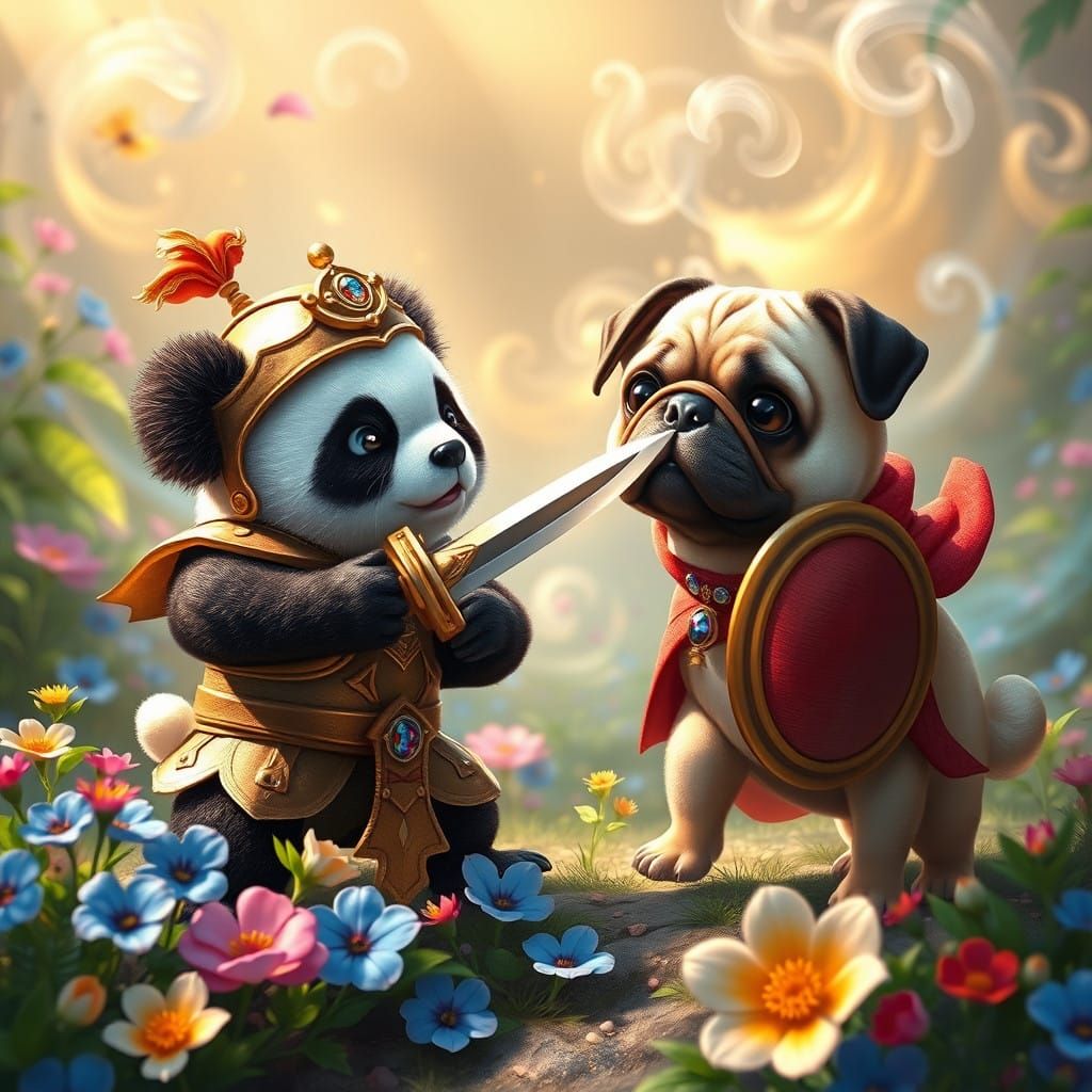Whimsical Panda and Pug Engage in Epic Battle in Vibrant, Fa...