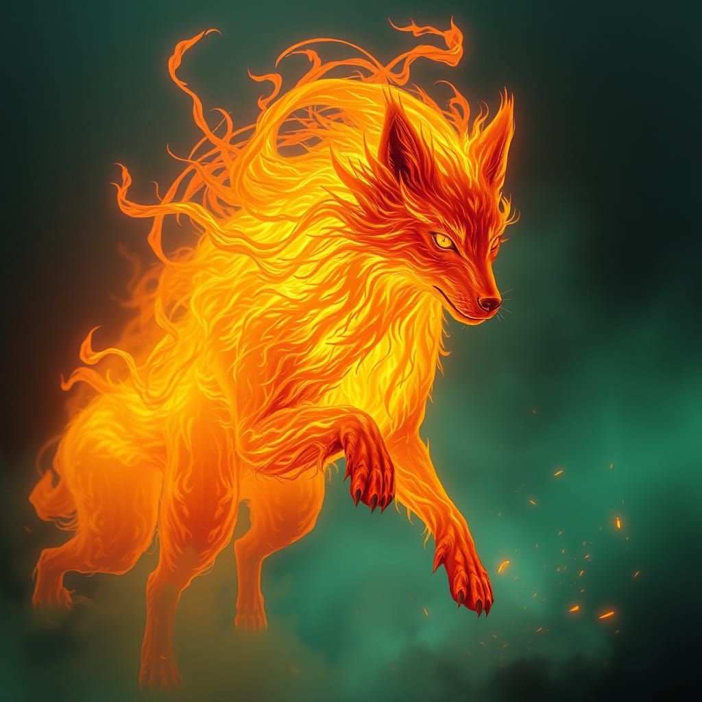 Fiery Canine Entity Emerges from Emerald Atmosphere
