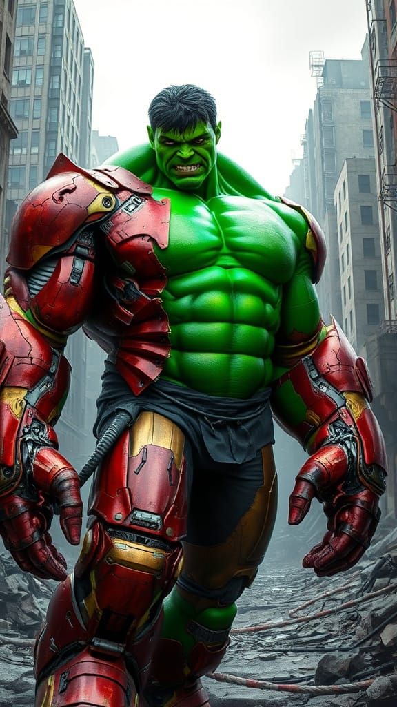 Cyberpunk Hulk-Iron Man Hybrid Emerges from Ruins