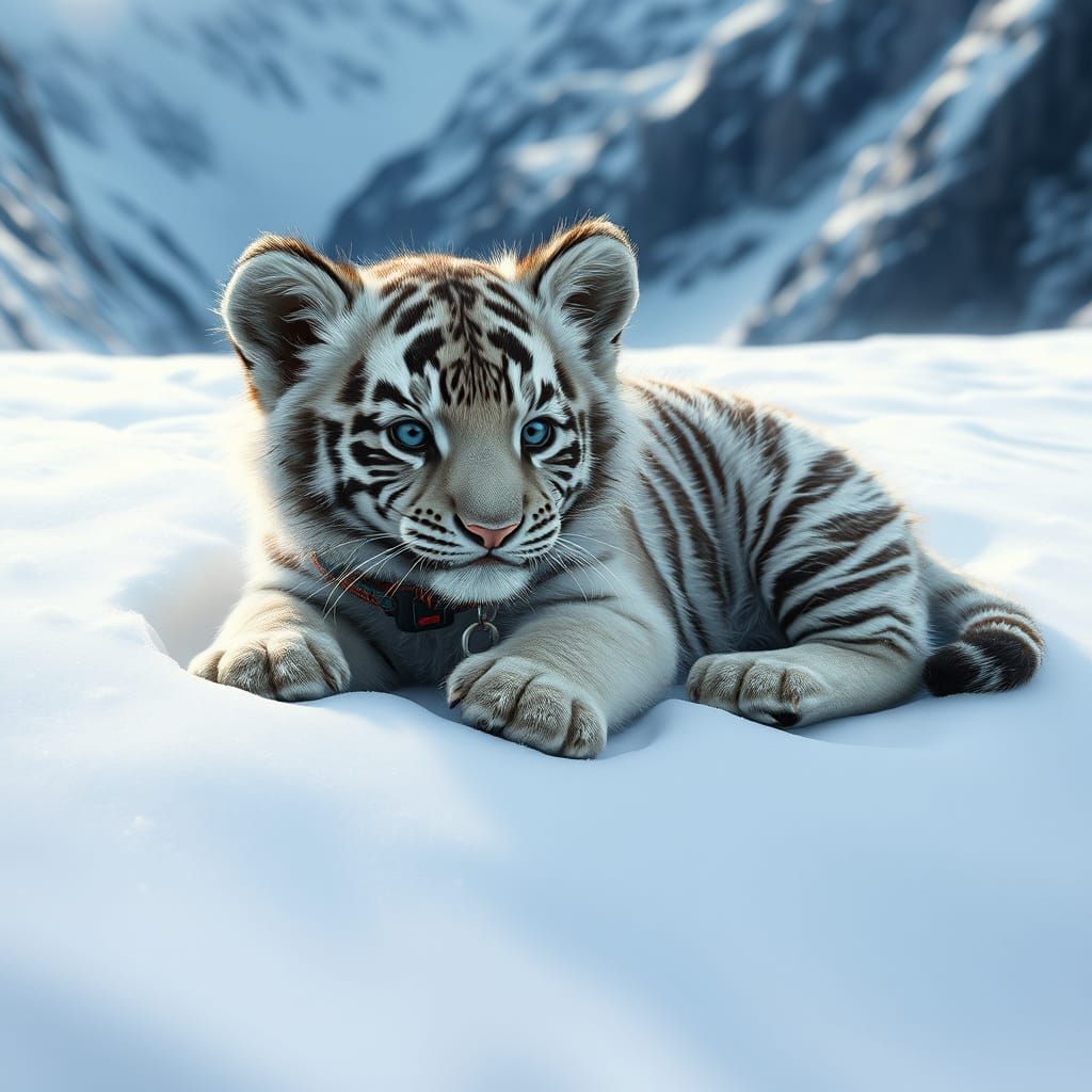 Fluffy Silver Tiger Cub in Snowy Mountain Landscape