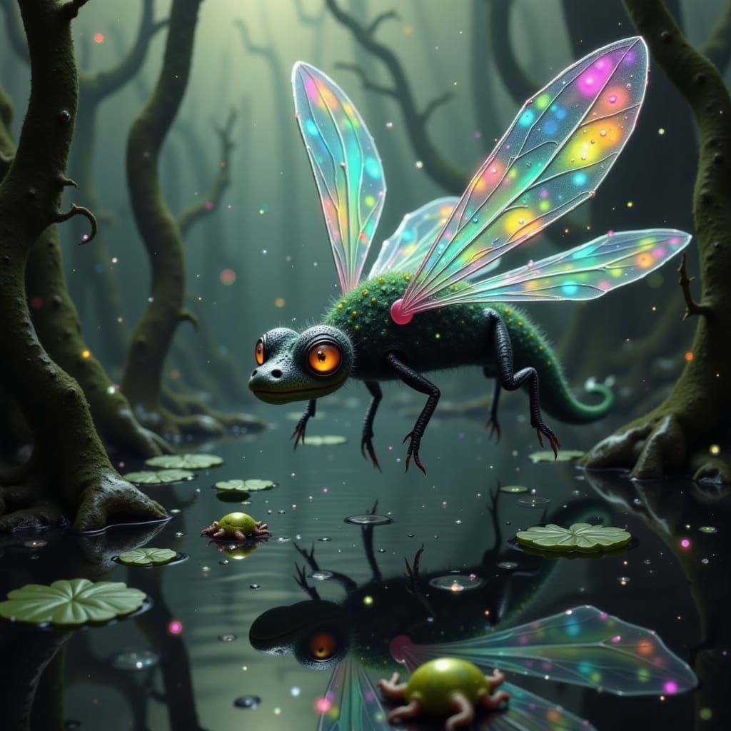 Whimsical Alligator-Dragonfly Hybrid Flies Over Misty Swamp