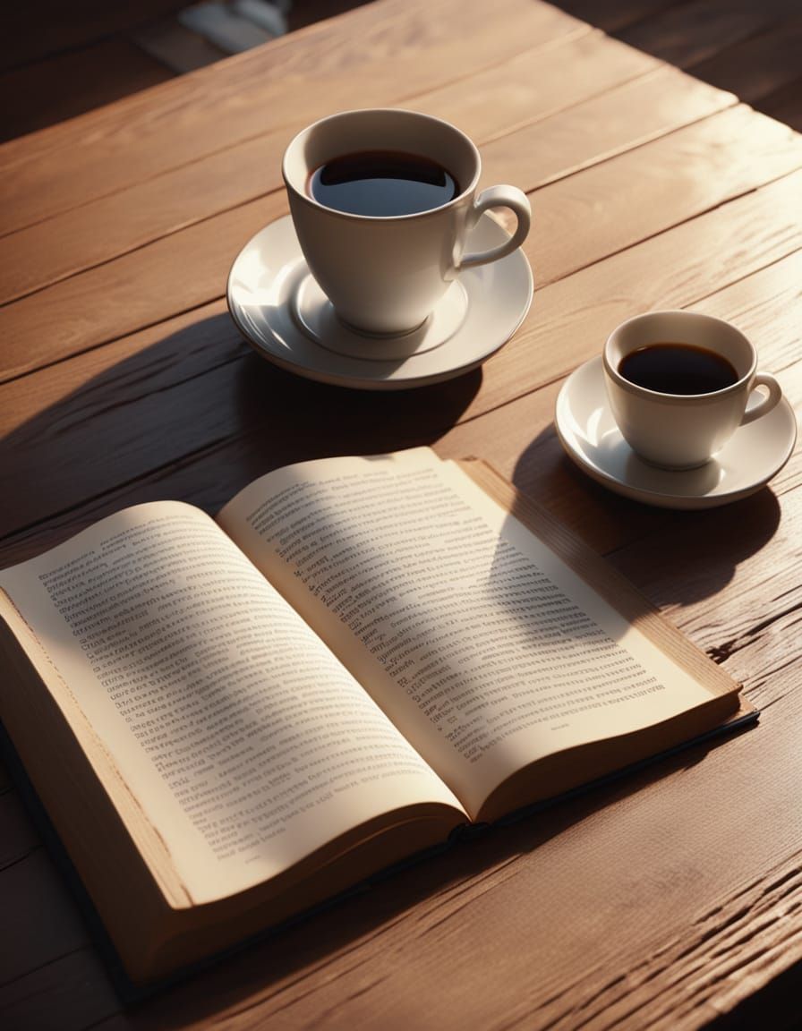Open Books on Wooden Table with Warm Morning Light