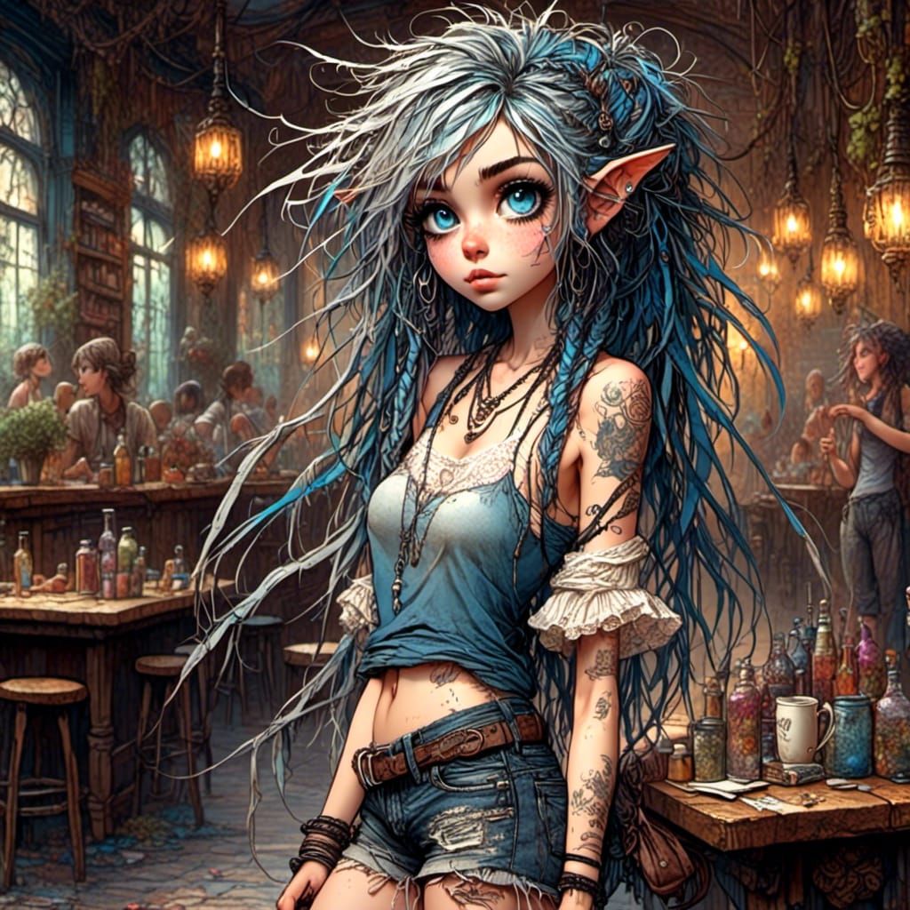 Blue-haired Student in Cafe, Fantasy Art Style