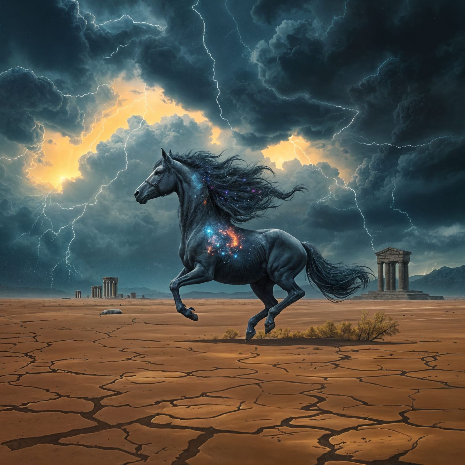 Lone Stallion with Galaxy Mane Gallops Through Desert