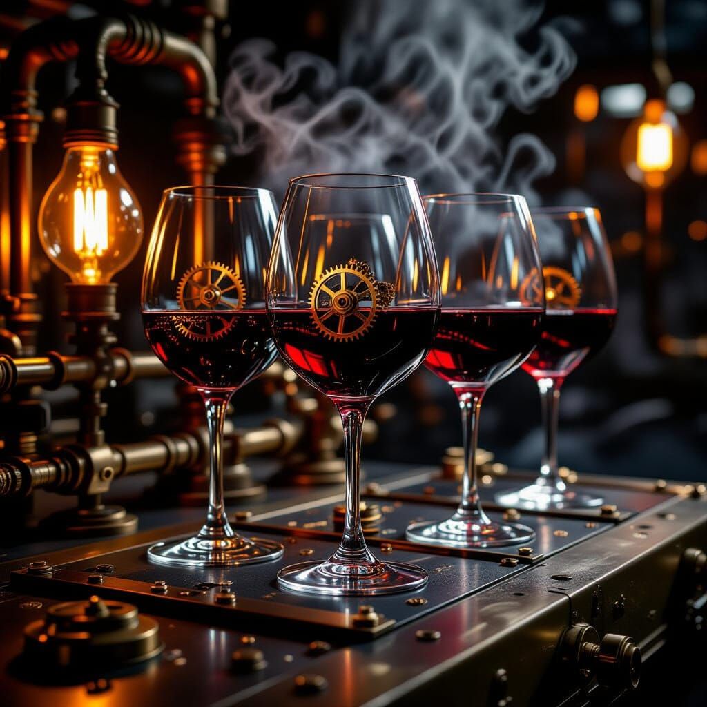 Steampunk Wine Glasses on Mechanical Table