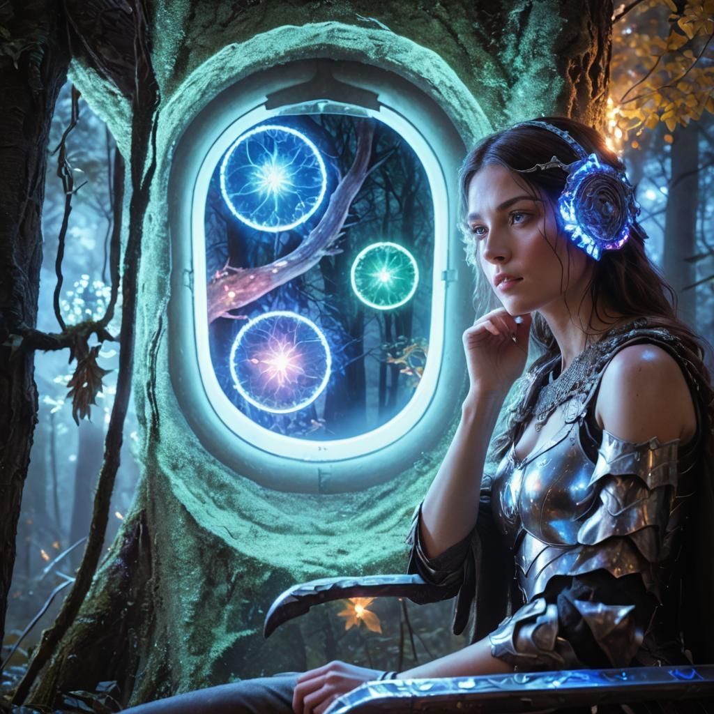 Woman in Armor Gazing in Mystical Forest
