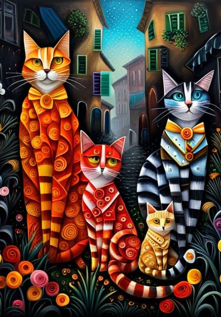 Colorful Origami Cats in Surreal Spring Scene