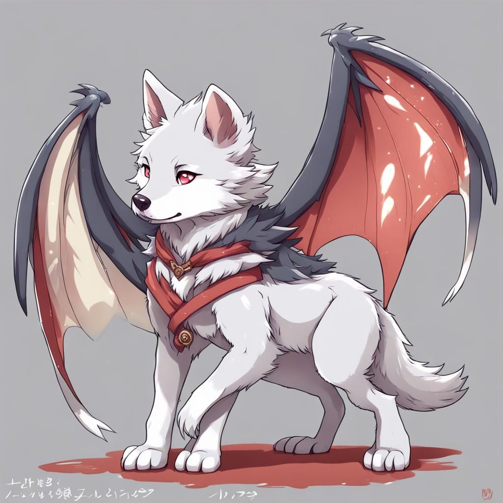 Cute Wolf with Dragon Wings in Anime Style
