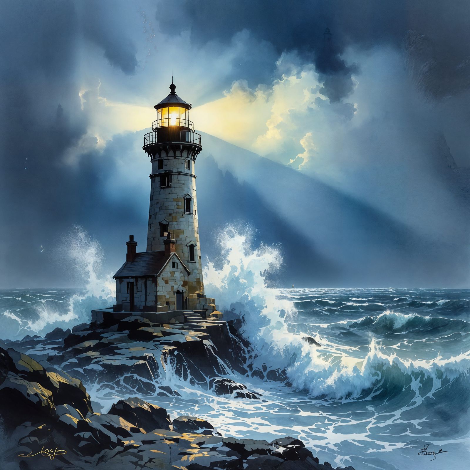 Lighthouse Against Stormy Sea in Stylized Watercolor