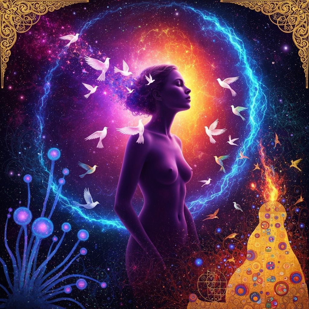 Ethereal Woman with Cosmic Birds in Surreal Style