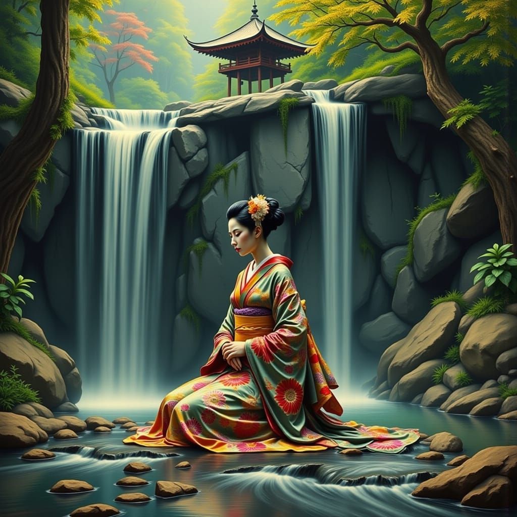 Ethereal Geisha Contemplates by Temple Waterfall in Impasto ...