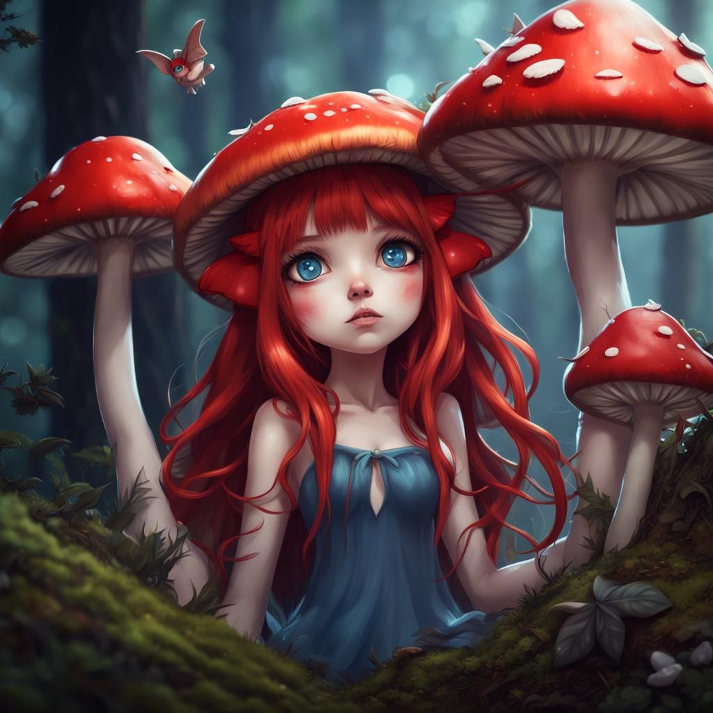 Mushroom Girl with Cat Ears in Anime Style