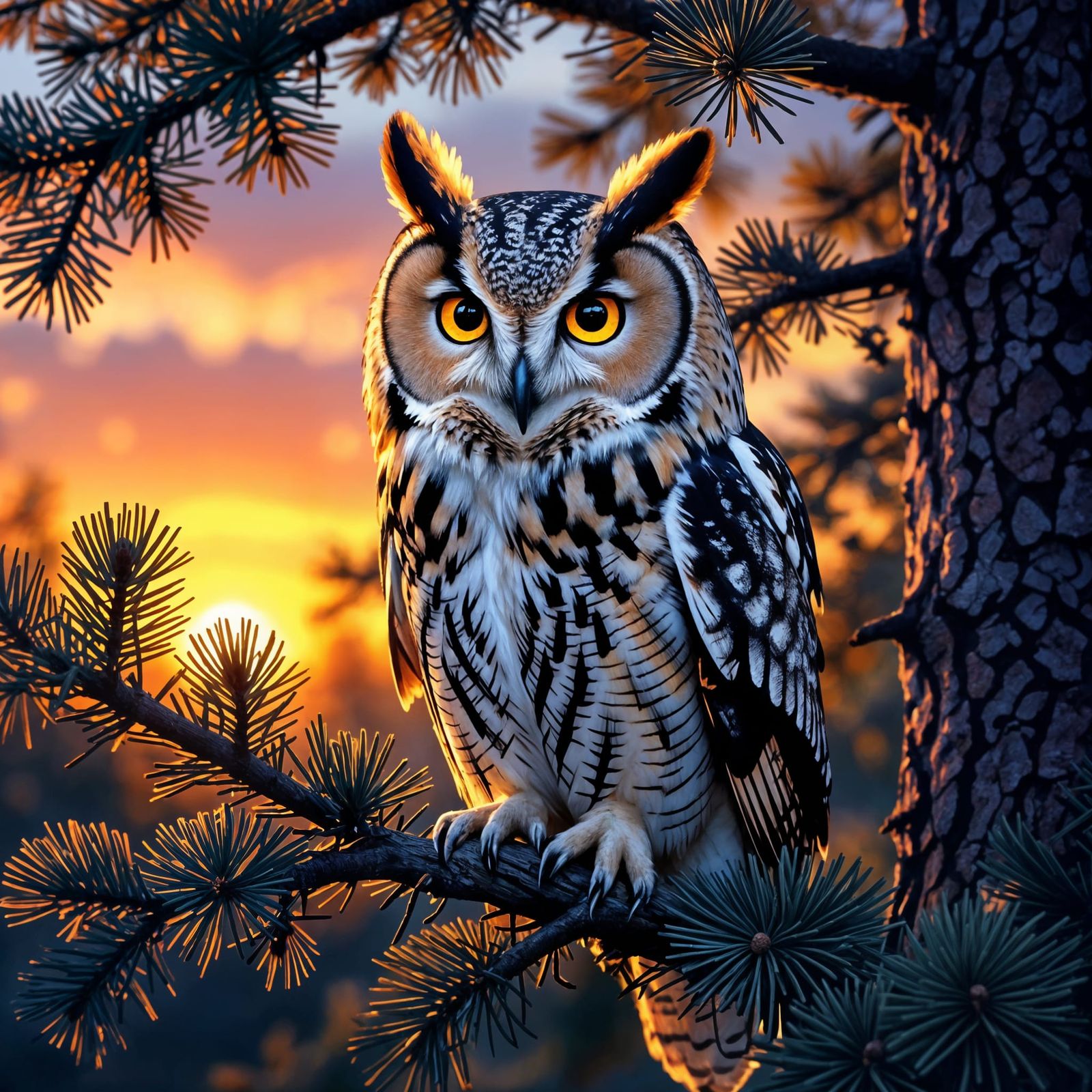 Realistic Owl Perched in Pine Tree at Dusk