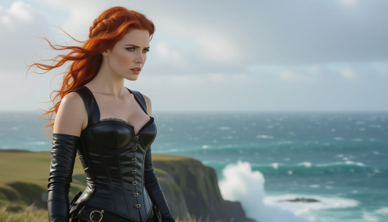 Woman on Cliff Edge Overlooking Stormy Sea