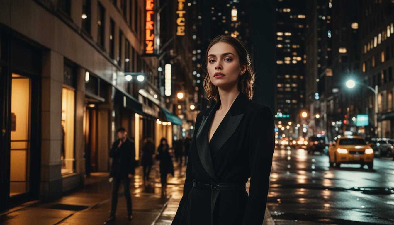 Elegant Woman in Moody Film Noir New York Night