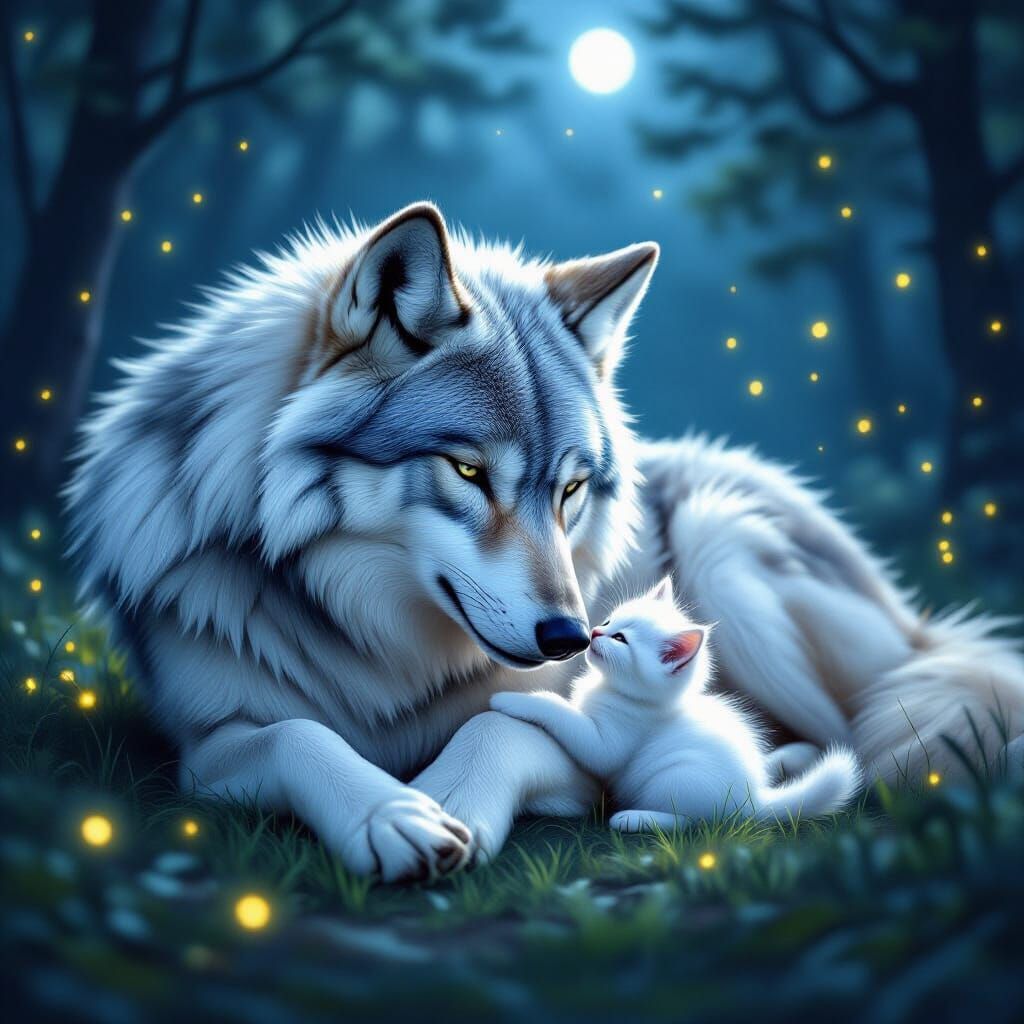 Silver Wolf & Kitten in Moonlit Forest Clearing