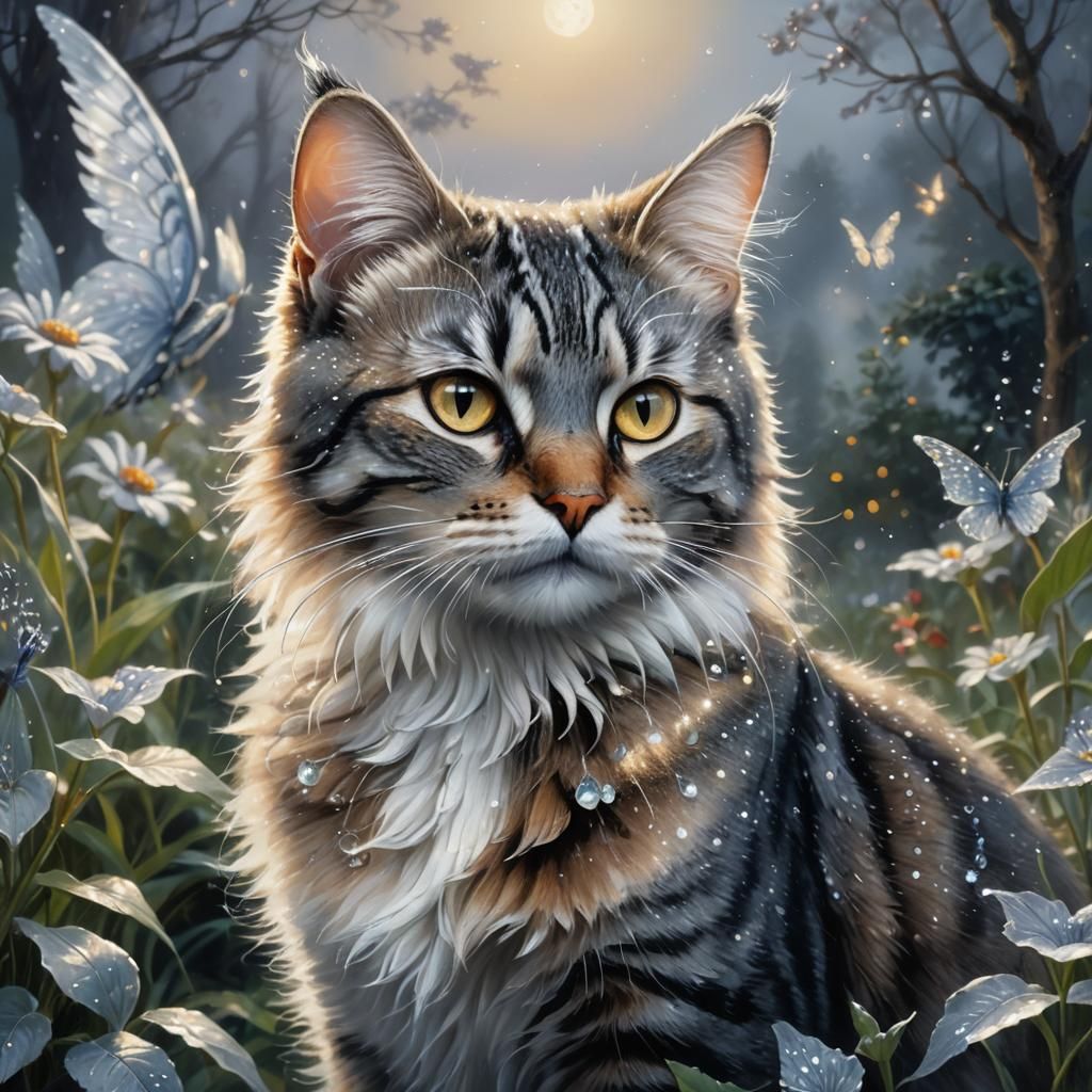 Tabby Cat with Silver Wings in Ethereal Garden