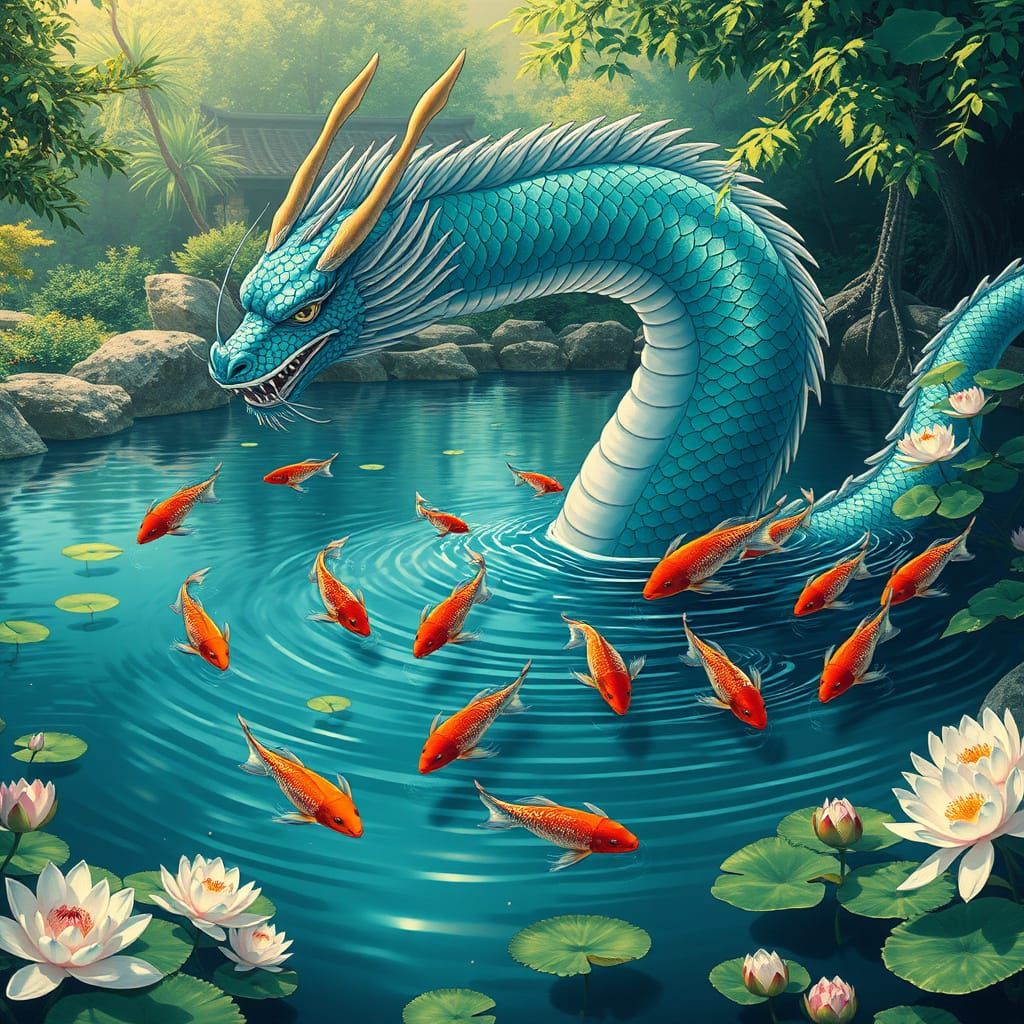 Majestic Dragon Surrounded by Vibrant Koi Fish in a Japanese...