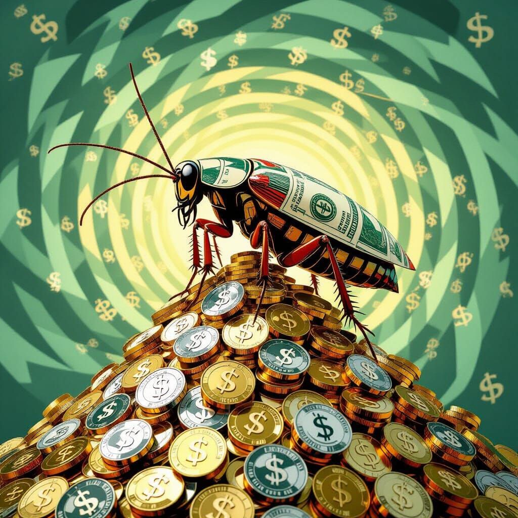 Giant Money Cockroach on Coin Mountain in Pop Art Style