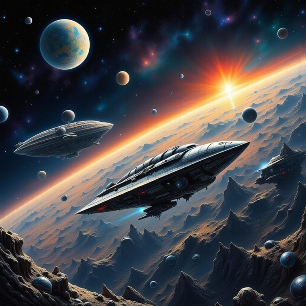 Spacecraft Flies Over Alien Planet in Modern Style