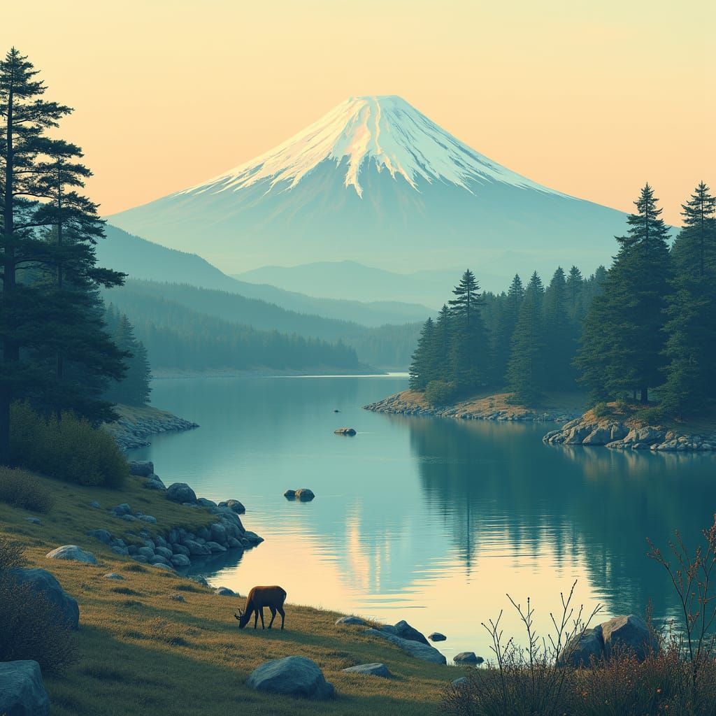 Deer Grazing at Lake, Ukiyo-e Style Landscape