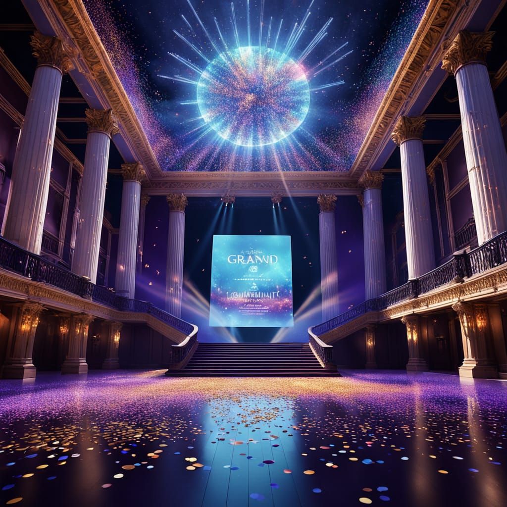 Grand Hall Celebration: Glowing Letters in Digital Art