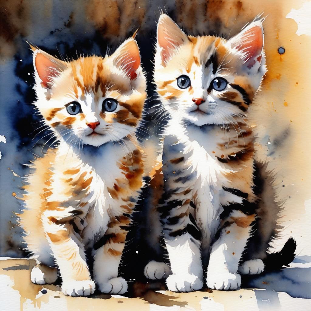 Cute Kittens in Watercolor Ink Drawing Style
