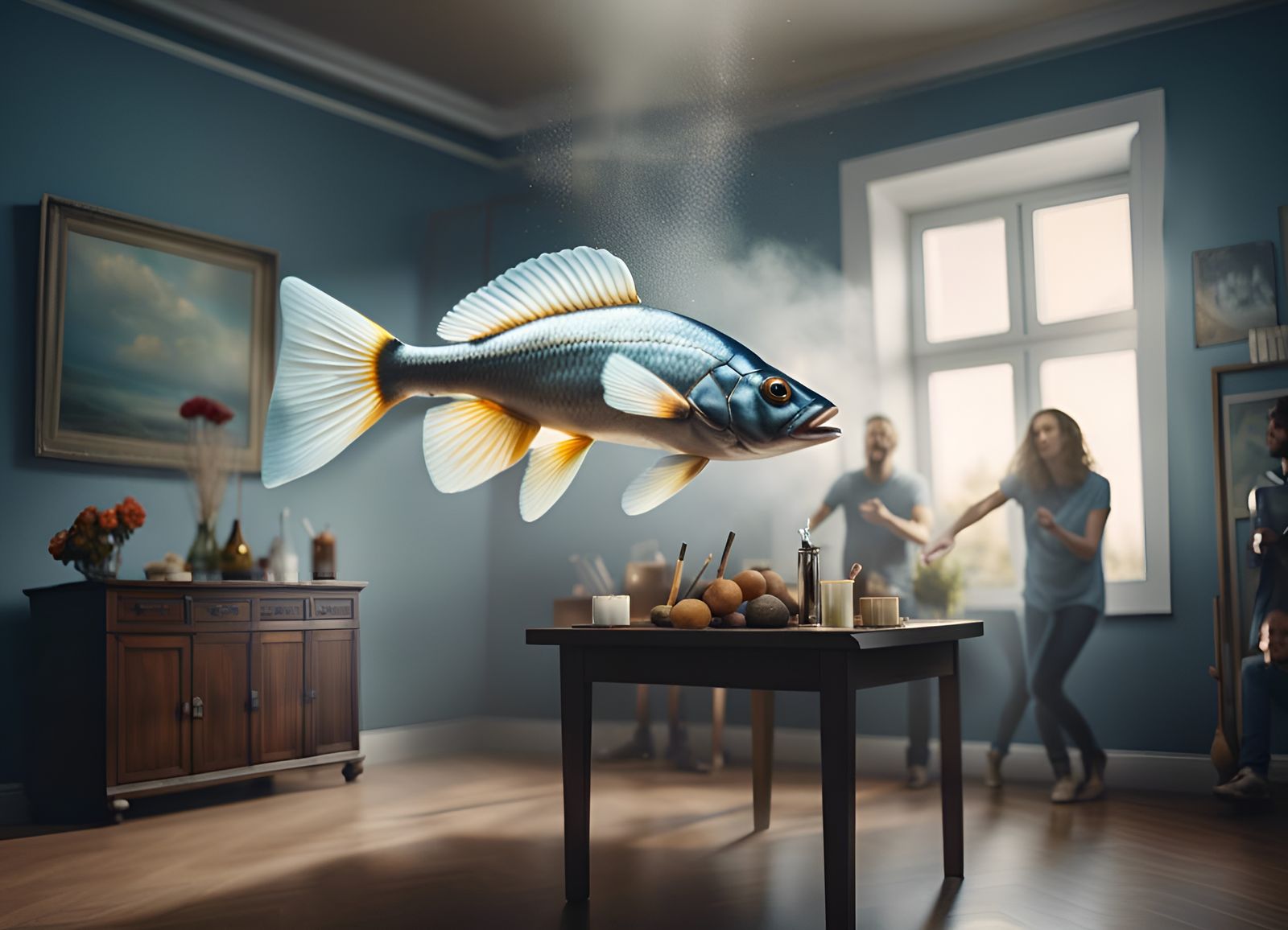Surreal Air Fish at Party: Photorealistic Art