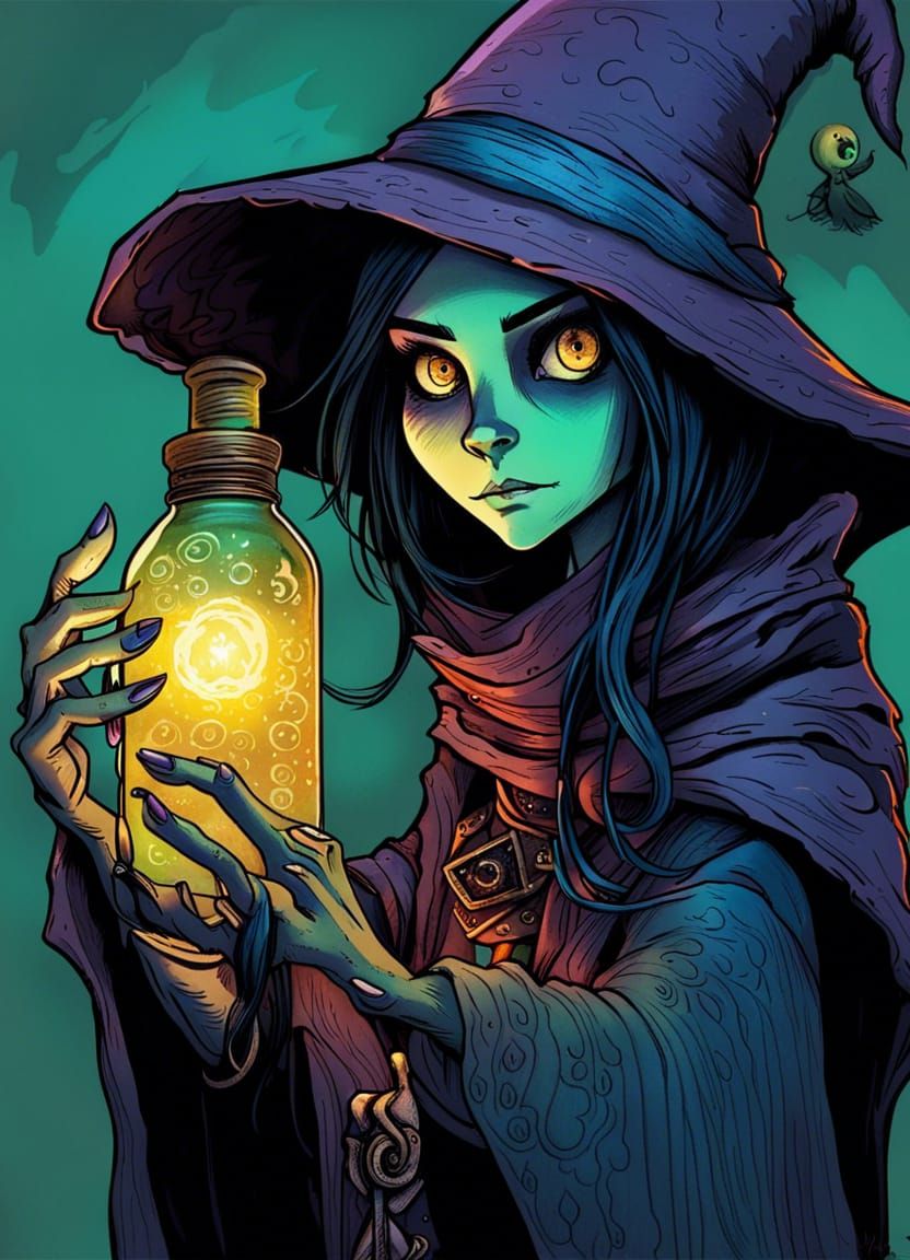 Female Wizard with Glowing Bottle in Inkpunk Style