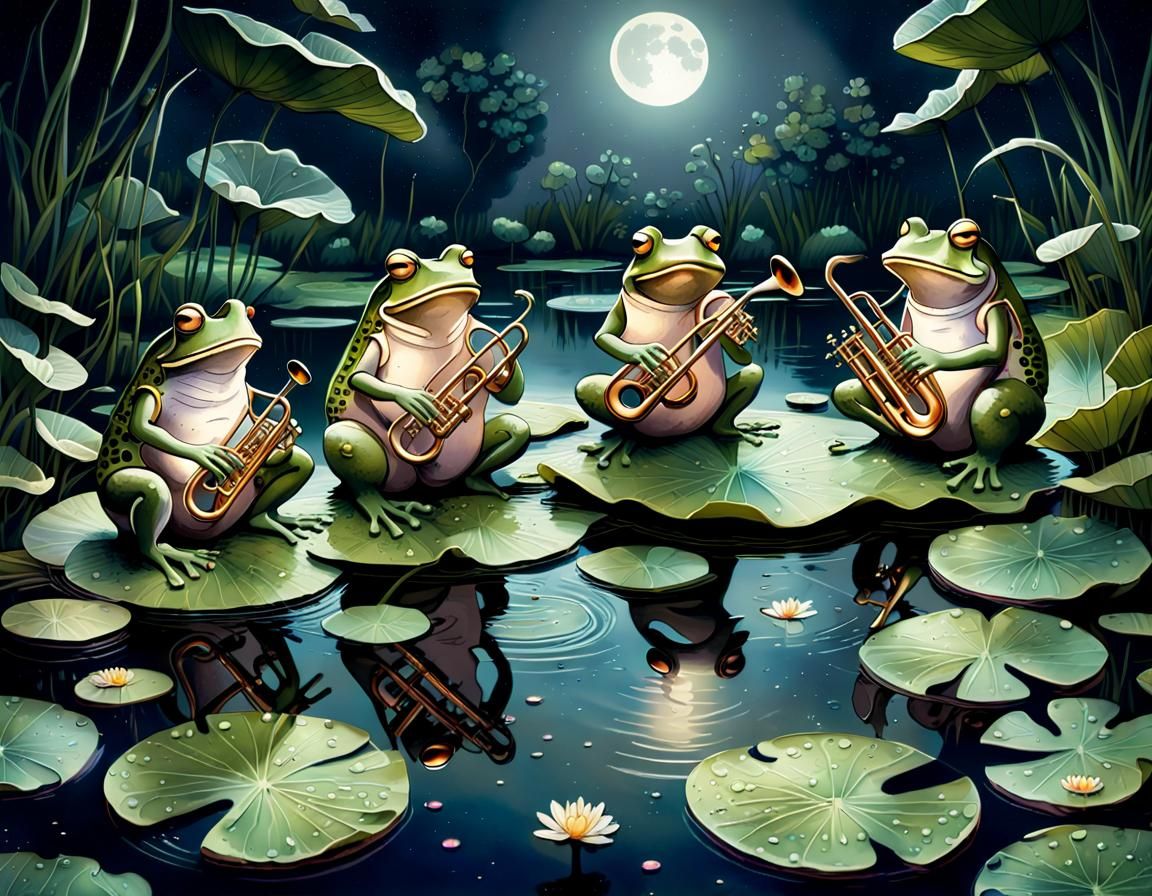 Bullfrog Jazz Quartet on Lilypads: Storybook Illustration