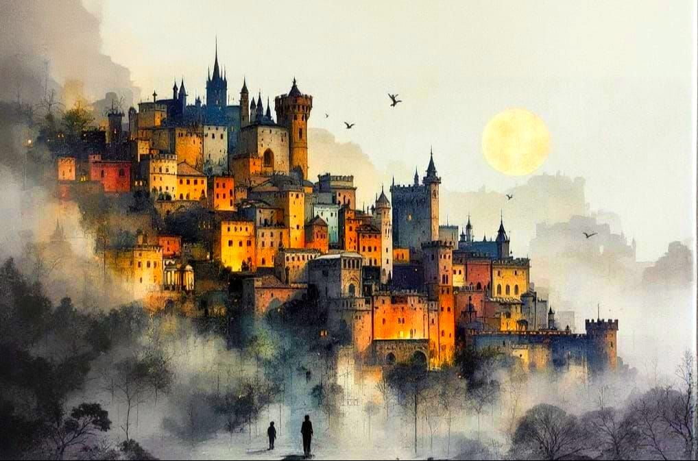 Medieval Cityscape Double Exposure in Mixed Media