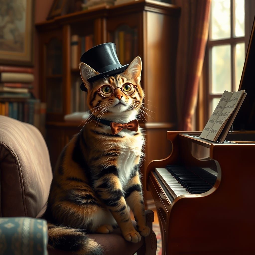 Tabby Cat at Piano: Impressionistic Portrait