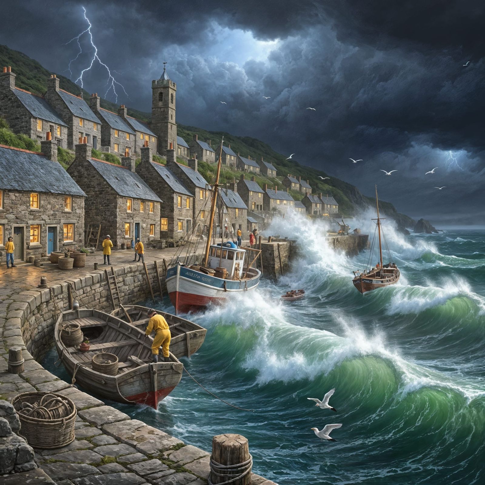 Cornish Fishing Harbor in Fierce Atlantic Storm