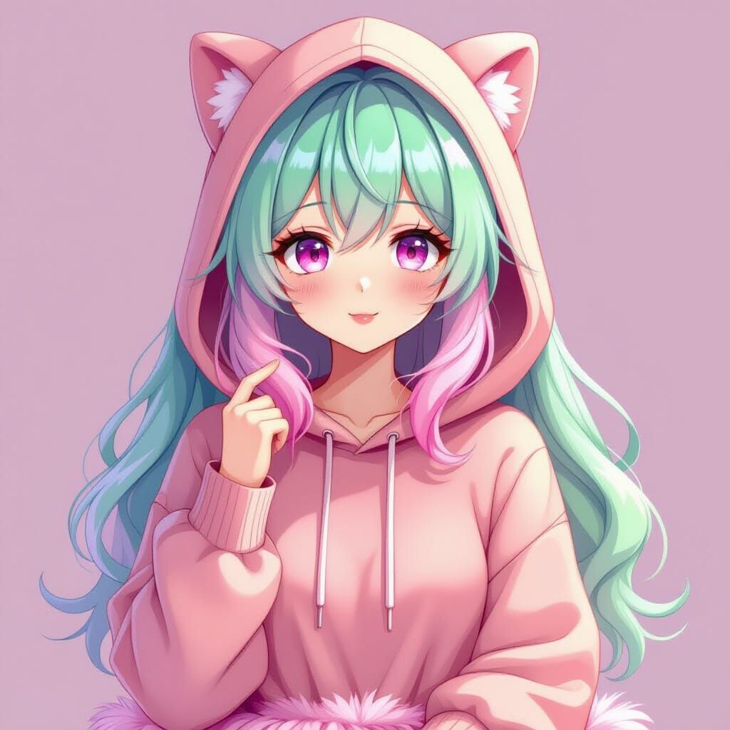 Anime Girl with Pink and Green Hair in 3D