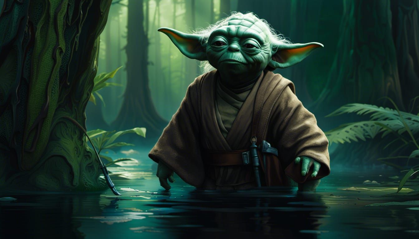 Yoda walking through the swamps