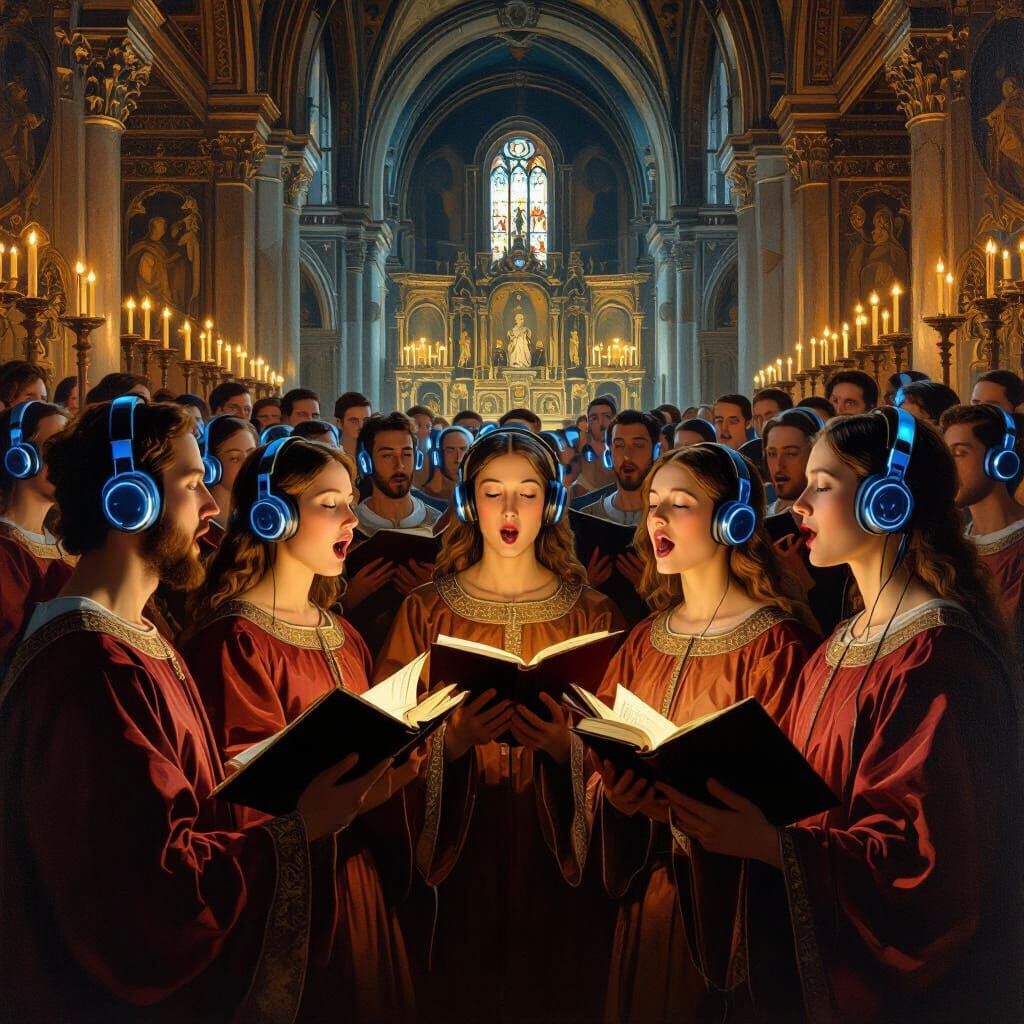 Renaissance Choir with Blue Wireless Headphones