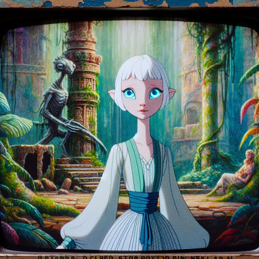 Dreamy Princess in a Jungle Ruin, on a Flickering CRT TV