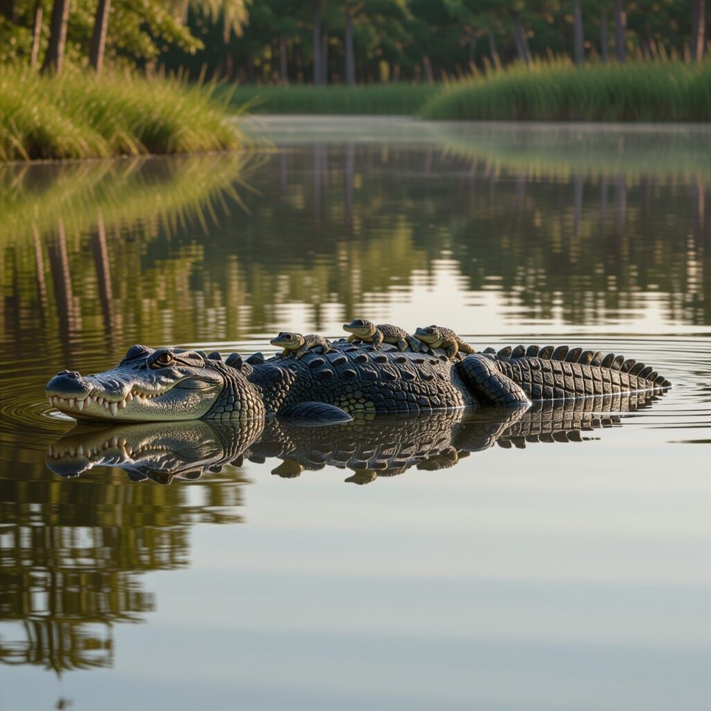 Alligator and Babies in Morning Pond Reflection