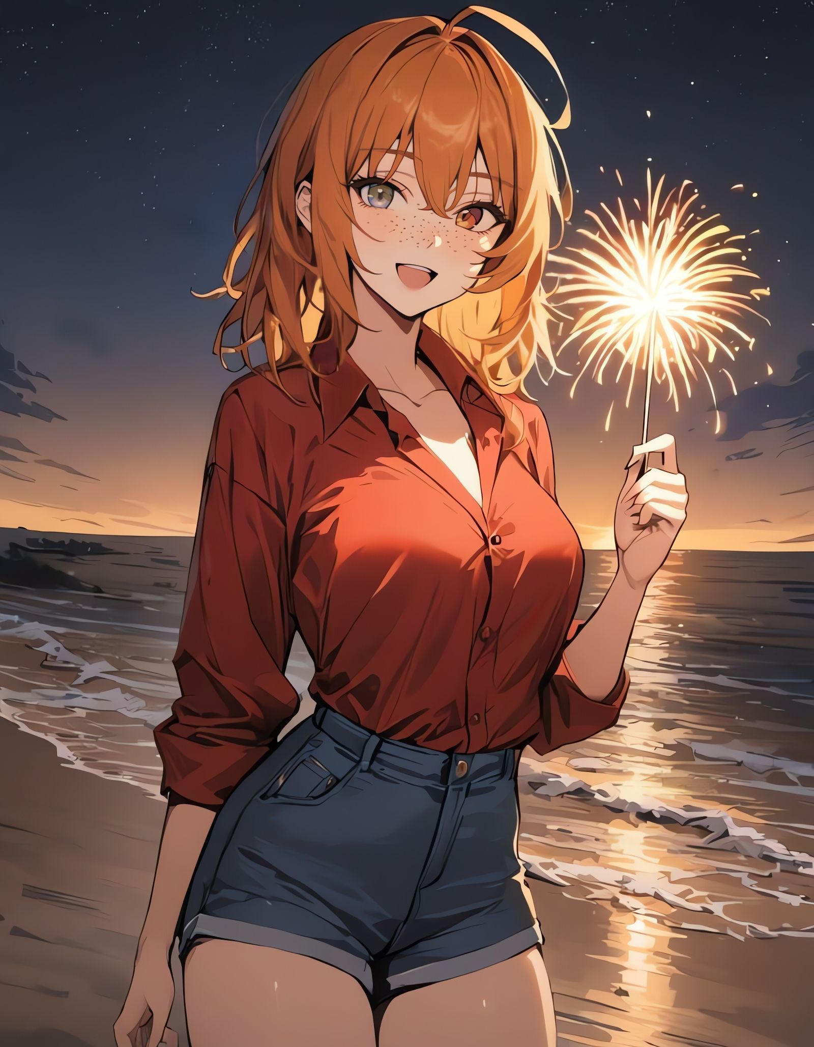 Girl with Fireworks on Beach at Night