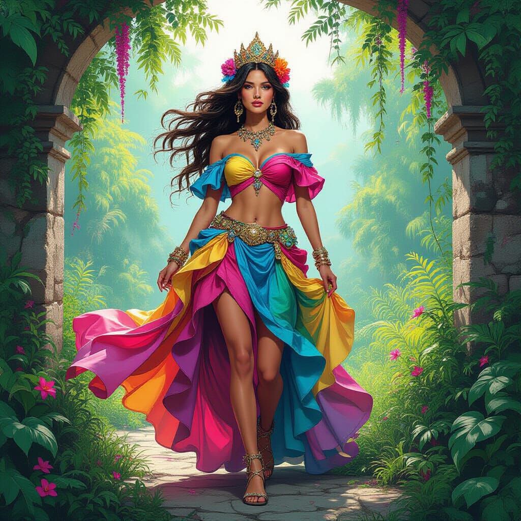 Vibrant Summer Queen in Mixed-Media Style