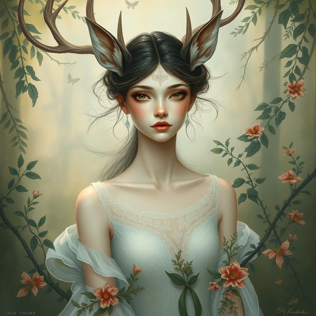Ethereal Deer Woman in Dreamy Forest