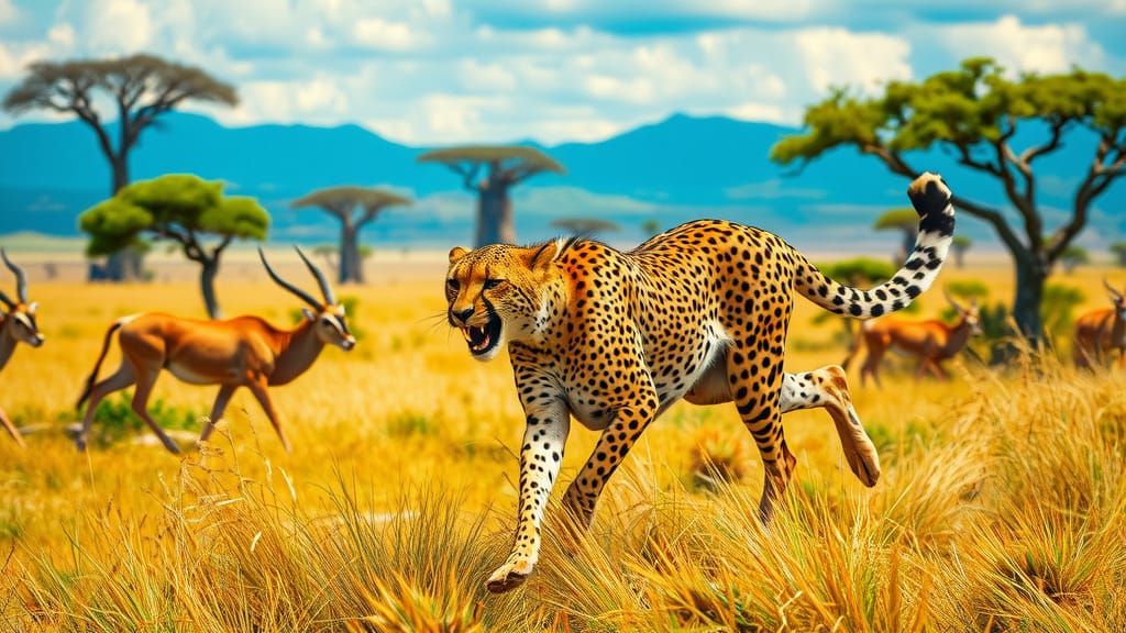 Cheetah Chase on African Plain in Airbrush Style