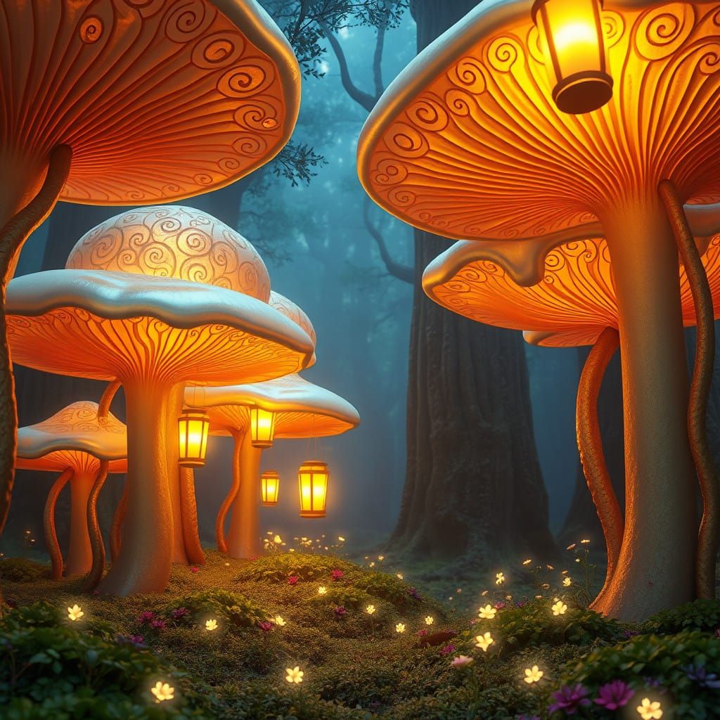 Ethereal Mushroom Forest in Vibrant, Iridescent Light