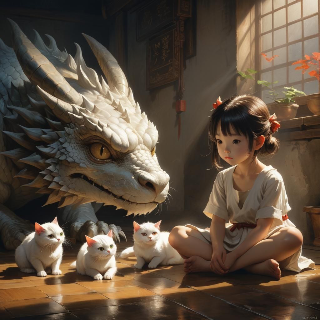 Girl and Dragon in Chiaroscuro Style