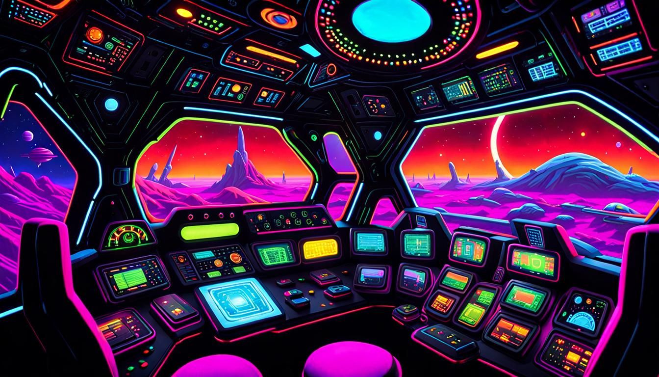 Fluorescent Alien World Seen from Spaceship Window