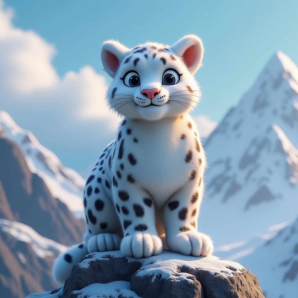 Chonky Snow Leopard Smiling, Pixar Clay Style