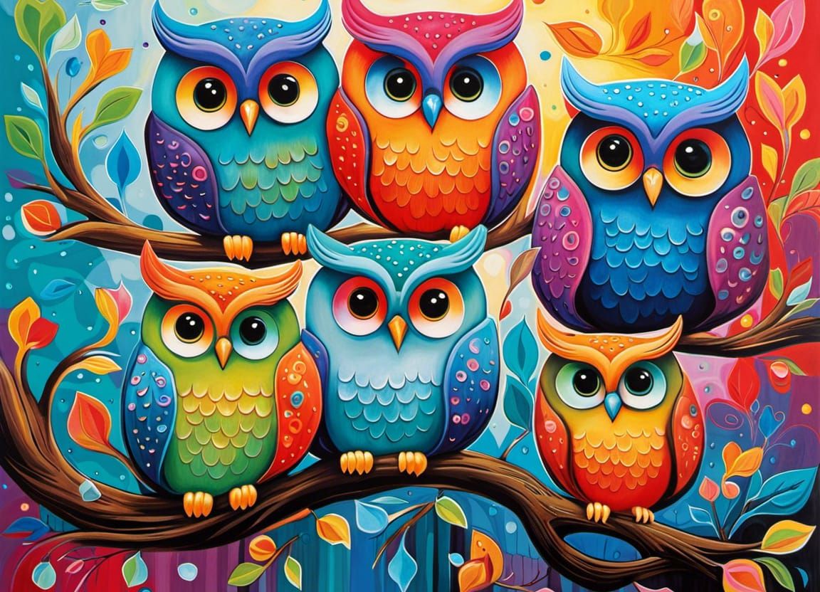 Colorful Kawaii Owlets in Abstract Art