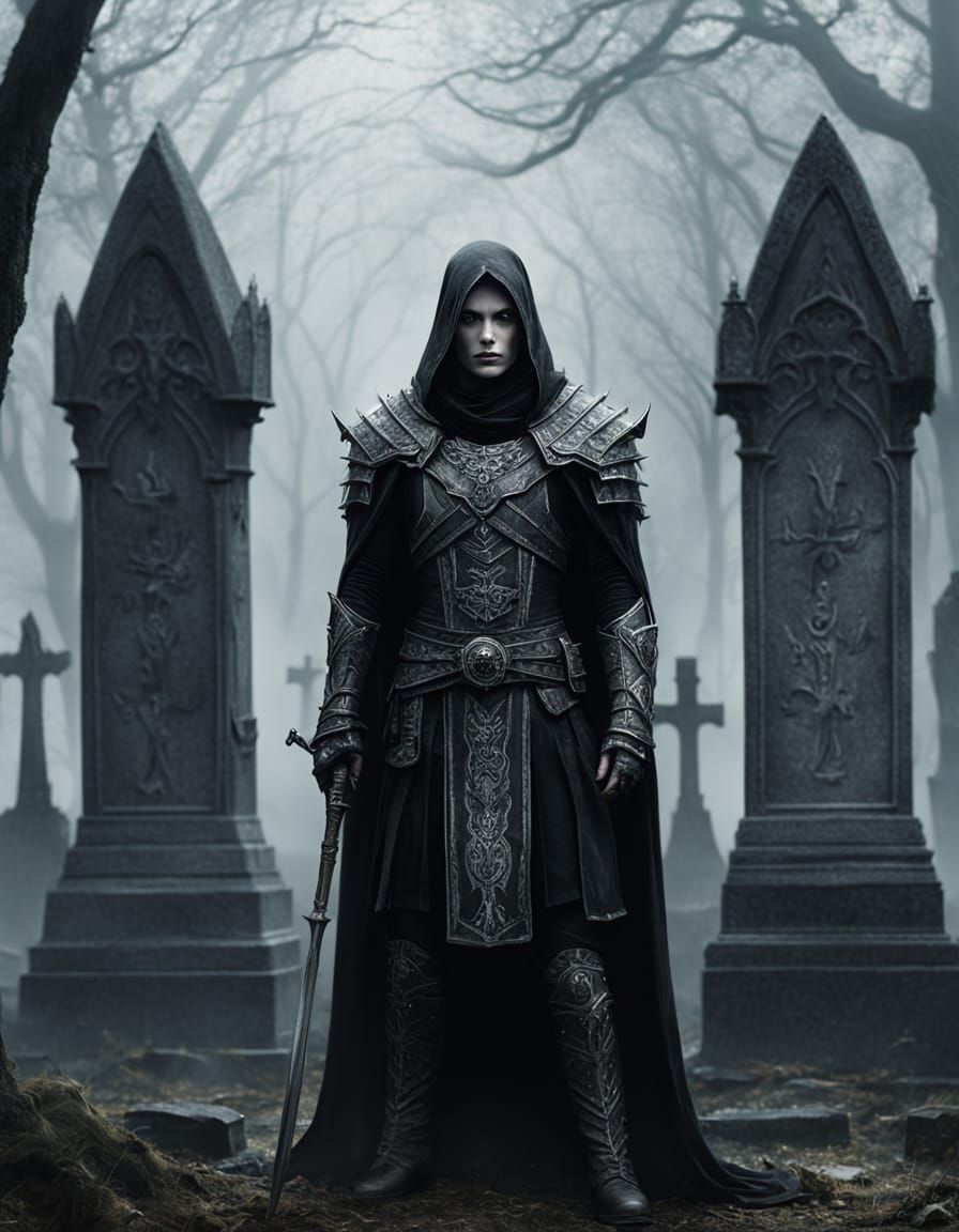 Ethereal Warrior in Misty Gothic Cemetery