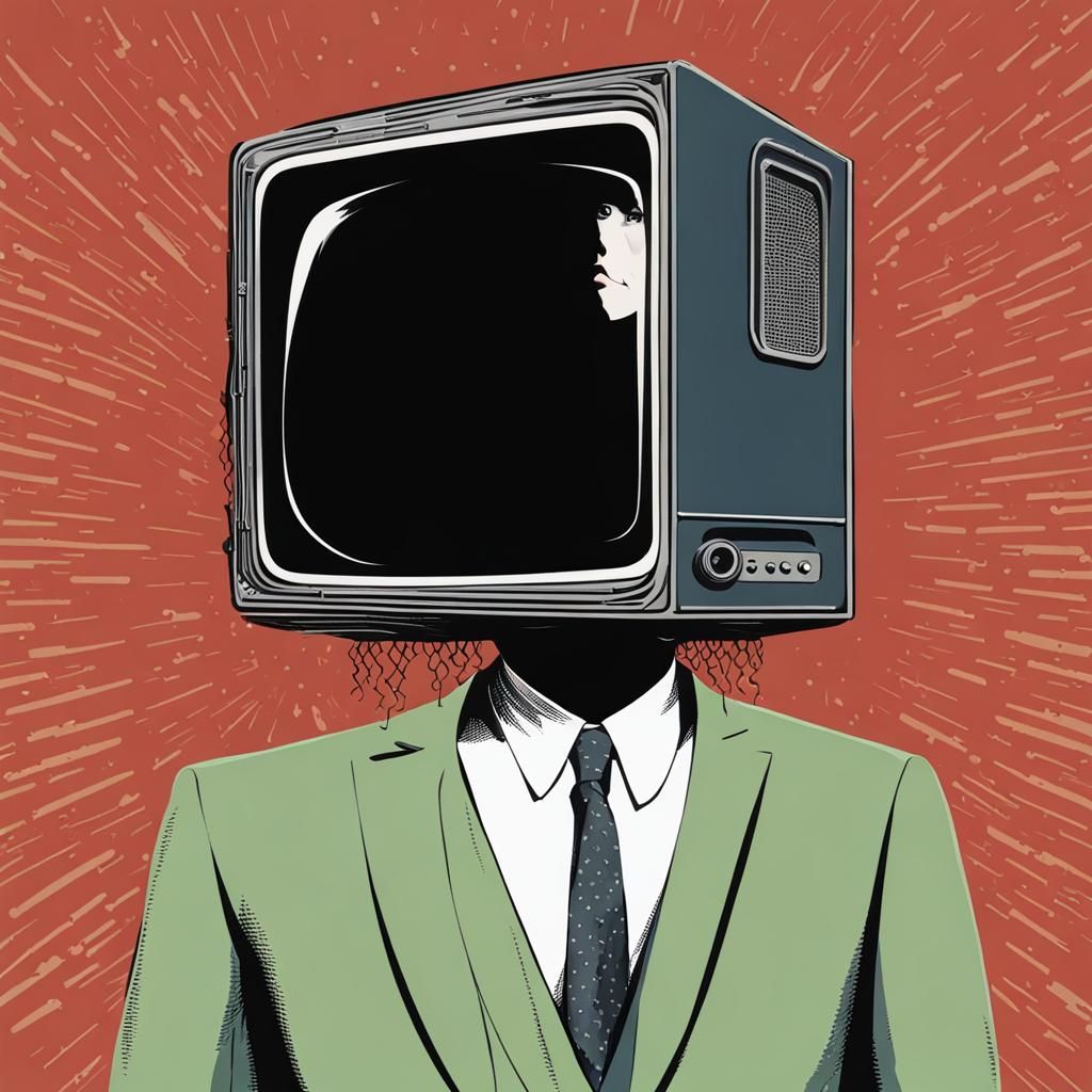 Woman with Transistor Radio Head in Pink Suit